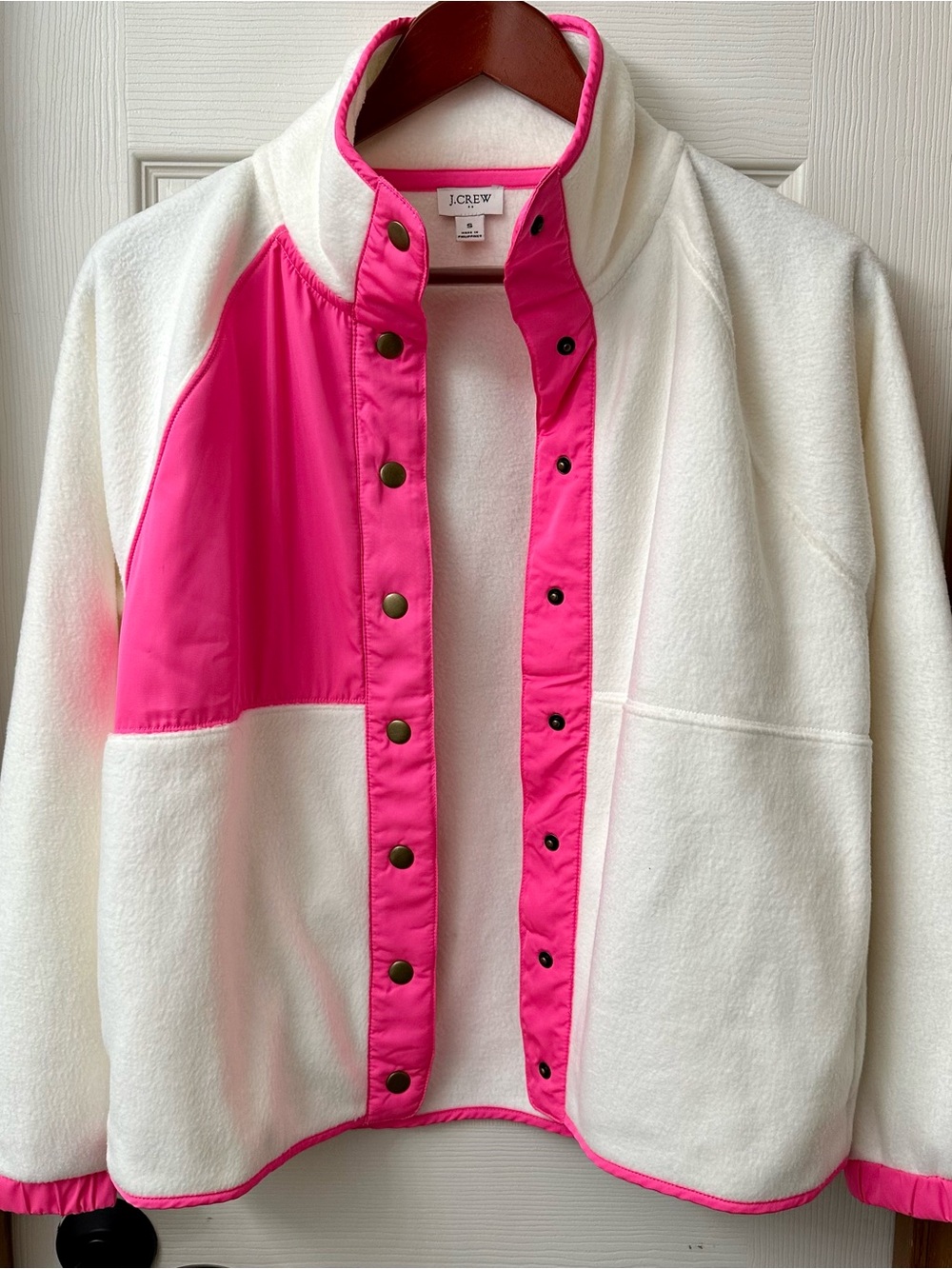 J.Crew Women's Colorblock Snap-Up Fleece Jacket White Hot Pink - Size Small EUC
